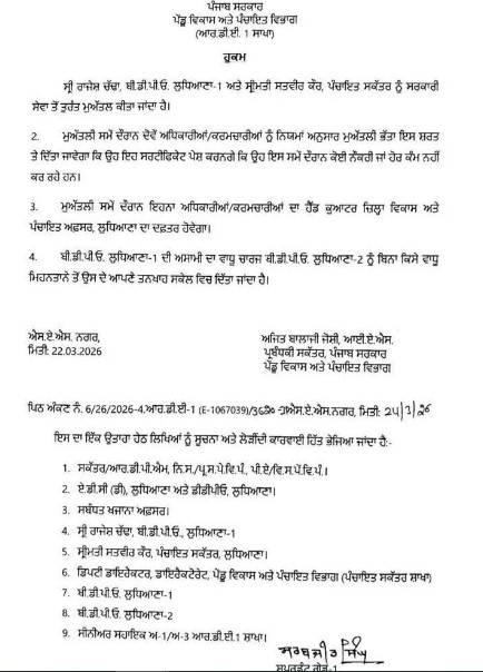 ਬੀ. ਡੀ. ਪੀ. ਓ. ਤੇ ਪੰਚਾਇਤ ਸਕੱਤਰ ਤੁਰੰਤ ਪ੍ਰਭਾਵ ਨਾਲ ਕੀਤੇ ਮੁਅੱਤਲ