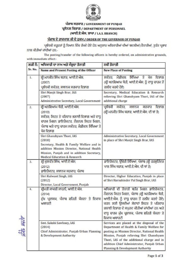 ਪੰਜਾਬ ਸਰਕਾਰ ਨੇ ਕੀਤੇ 7 ਆਈ. ਏ. ਐਸ. ਅਫ਼ਸਰਾਂ ਦੇ ਤਬਾਦਲੇ